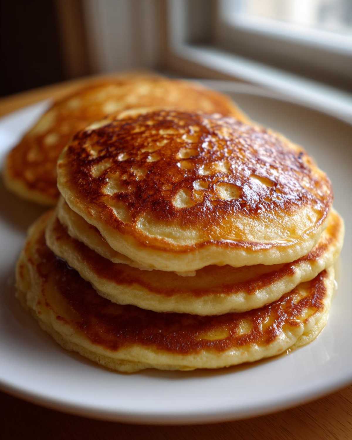 A close-up stack of three fluffy greek yogurt pancakes drizzled with syrup on a white plate.