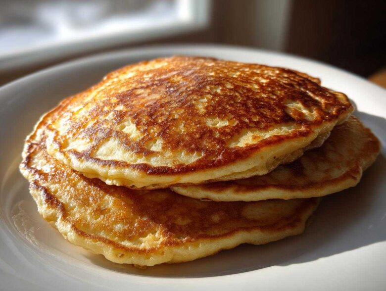 A close-up stack of three fluffy greek yogurt pancakes with golden-brown, perfectly cooked tops.