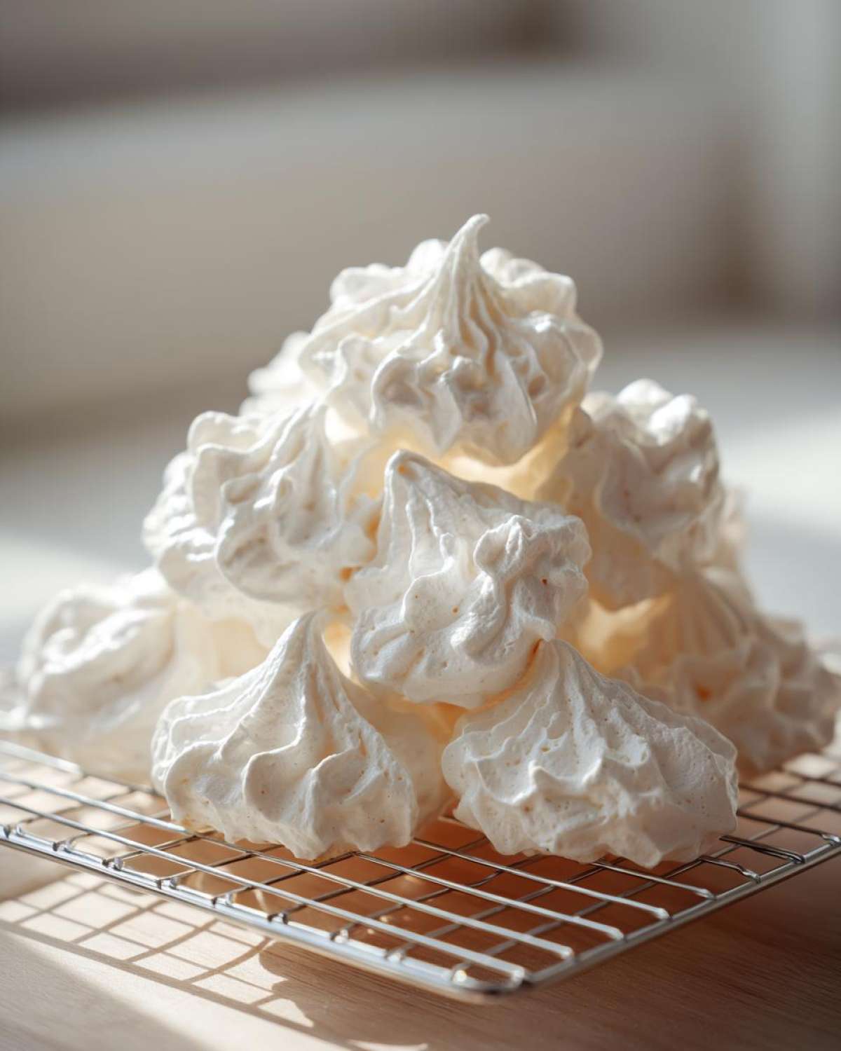 A pile of freshly baked, white, piped meringue cookies cooling on a wire rack.