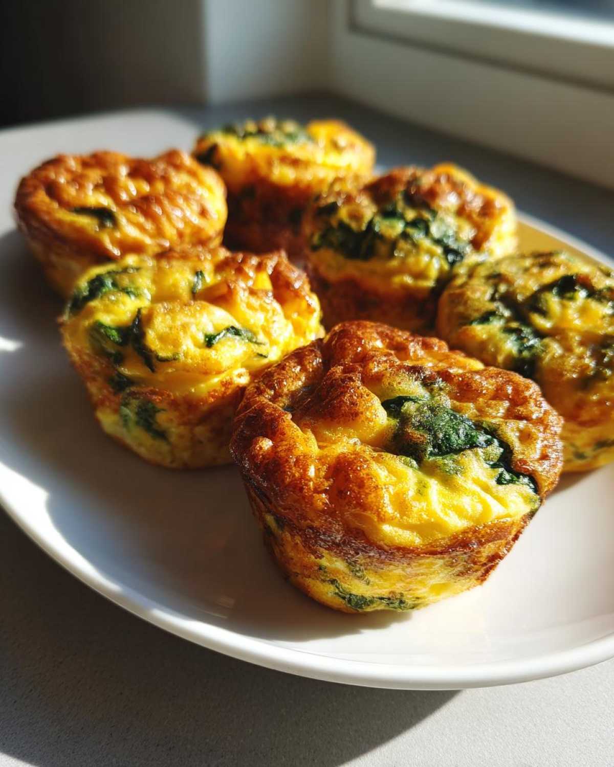 A plate of freshly baked, golden brown muffin tin egg bites filled with visible green spinach.