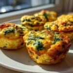 Close-up of fluffy muffin tin egg bites with visible spinach, perfectly browned and served on a white plate.