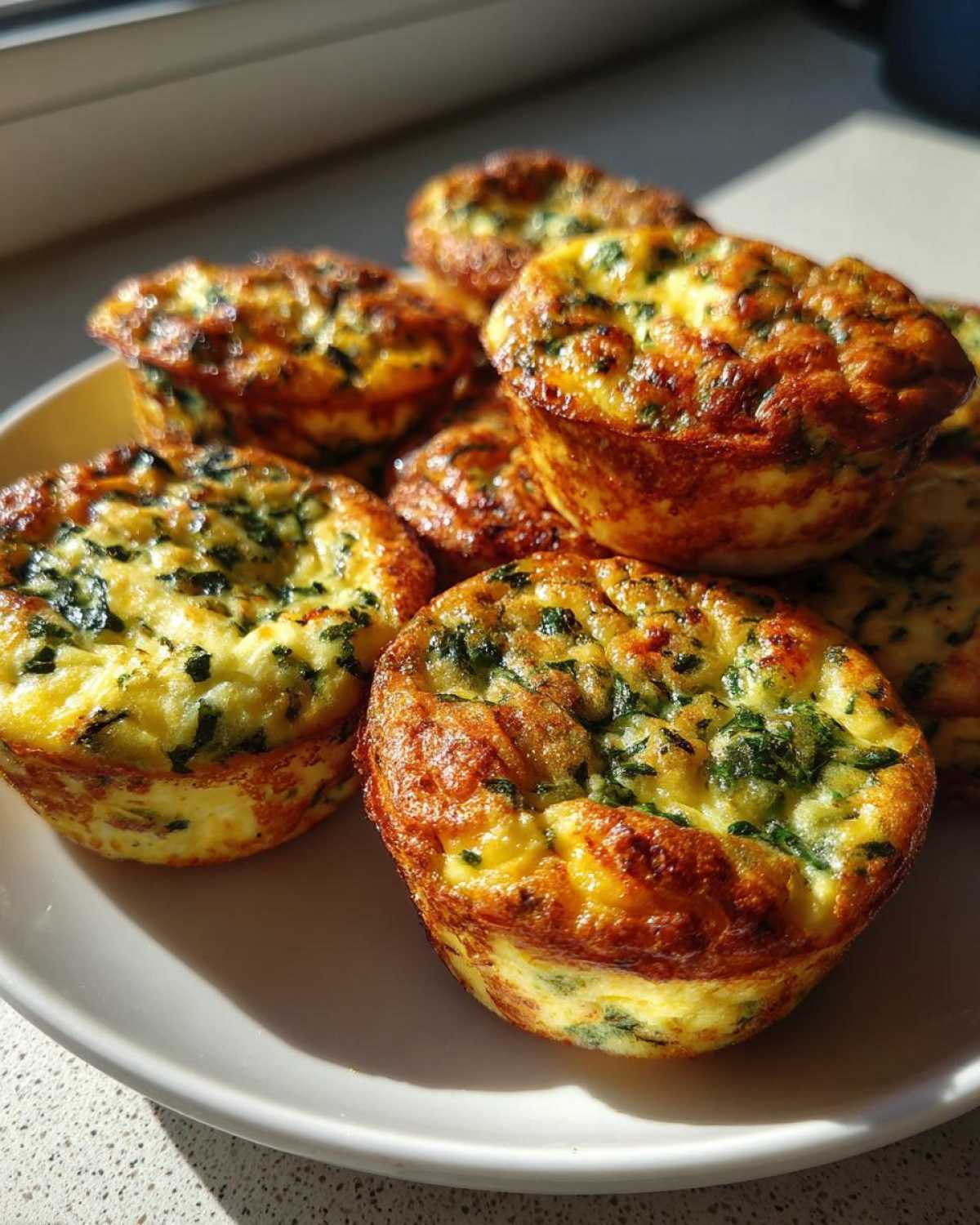 A pile of freshly baked, golden brown muffin tin egg bites speckled with green spinach on a white plate.