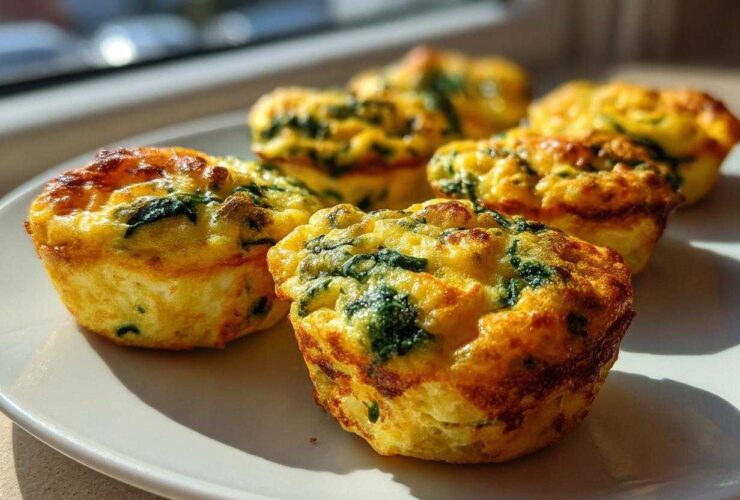 Close-up of fluffy muffin tin egg bites with visible spinach, perfectly browned and served on a white plate.