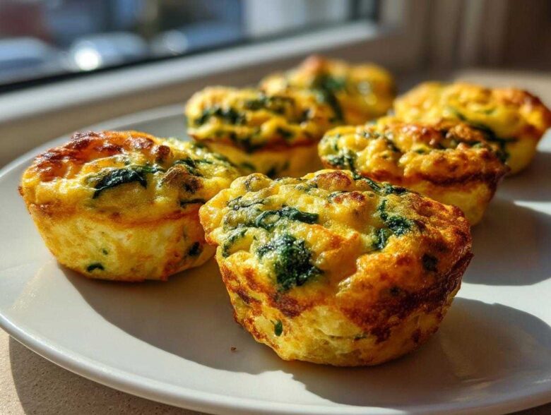 Close-up of fluffy muffin tin egg bites with visible spinach, perfectly browned and served on a white plate.