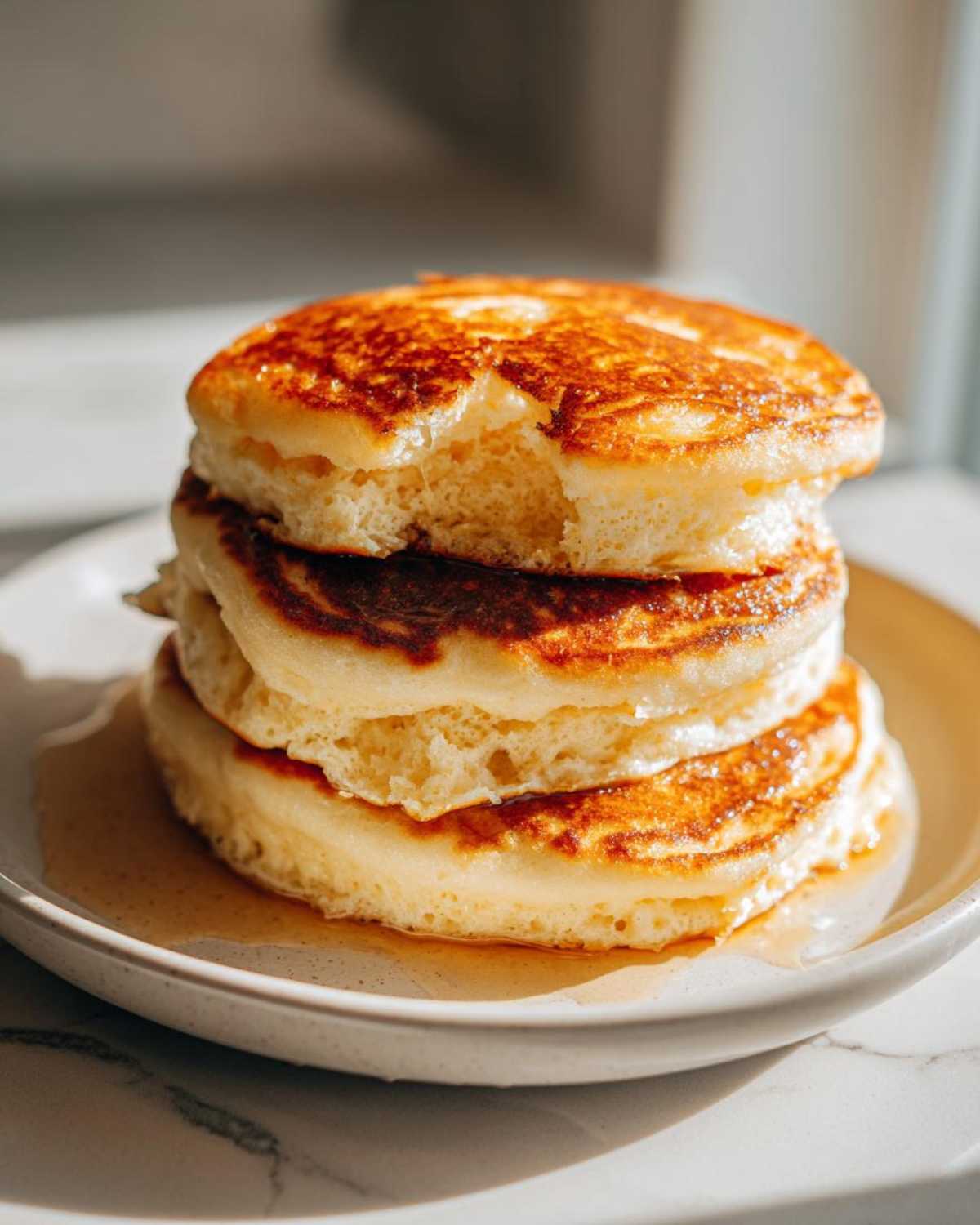 A close-up of a stack of three thick, fluffy pancakes drizzled with syrup, with a bite taken out of the top one.