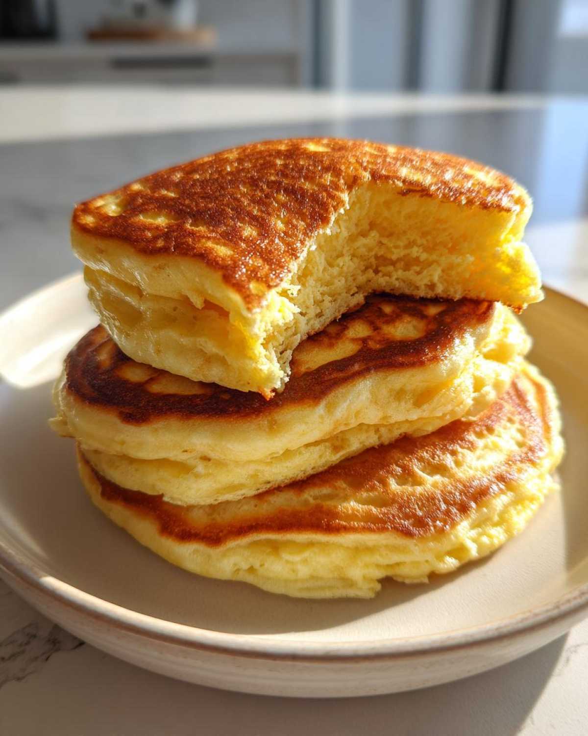 A stack of three incredibly fluffy pancakes, with a bite taken out of the top one showing the airy interior.