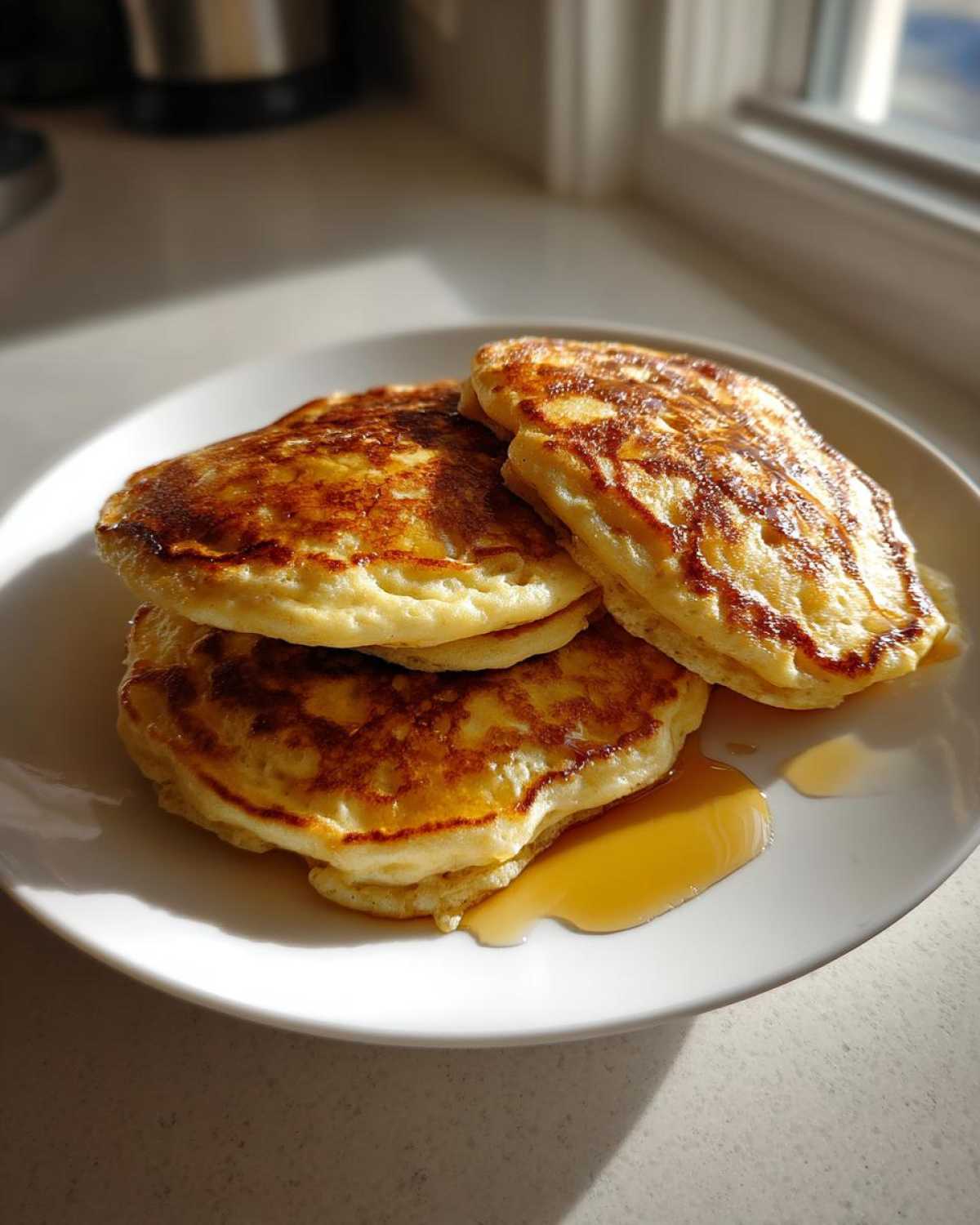 A stack of three golden brown, fluffy Pancakes drizzled with maple syrup on a white plate.