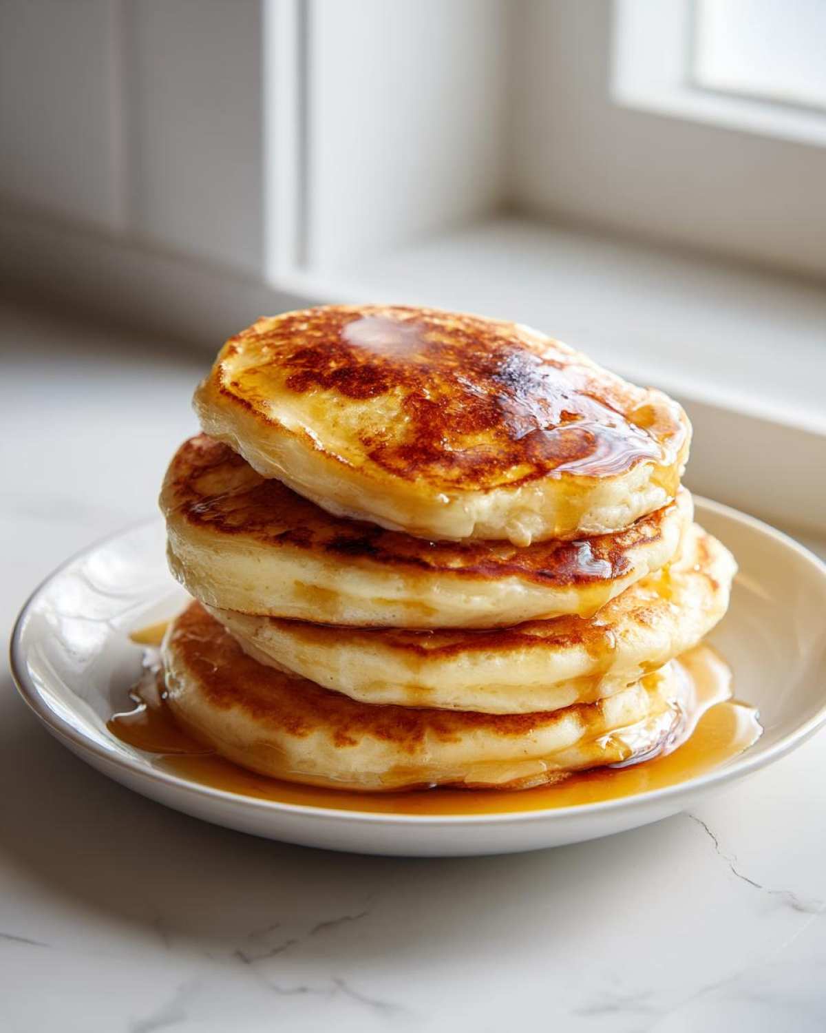 A tall stack of four fluffy pancakes drizzled generously with golden syrup on a white plate.