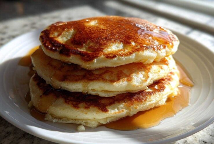 A stack of three fluffy pancakes drizzled generously with golden syrup, sitting on a white plate.