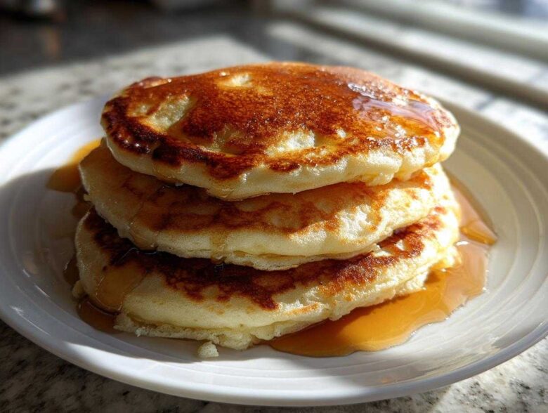 A stack of three fluffy pancakes drizzled generously with golden syrup, sitting on a white plate.