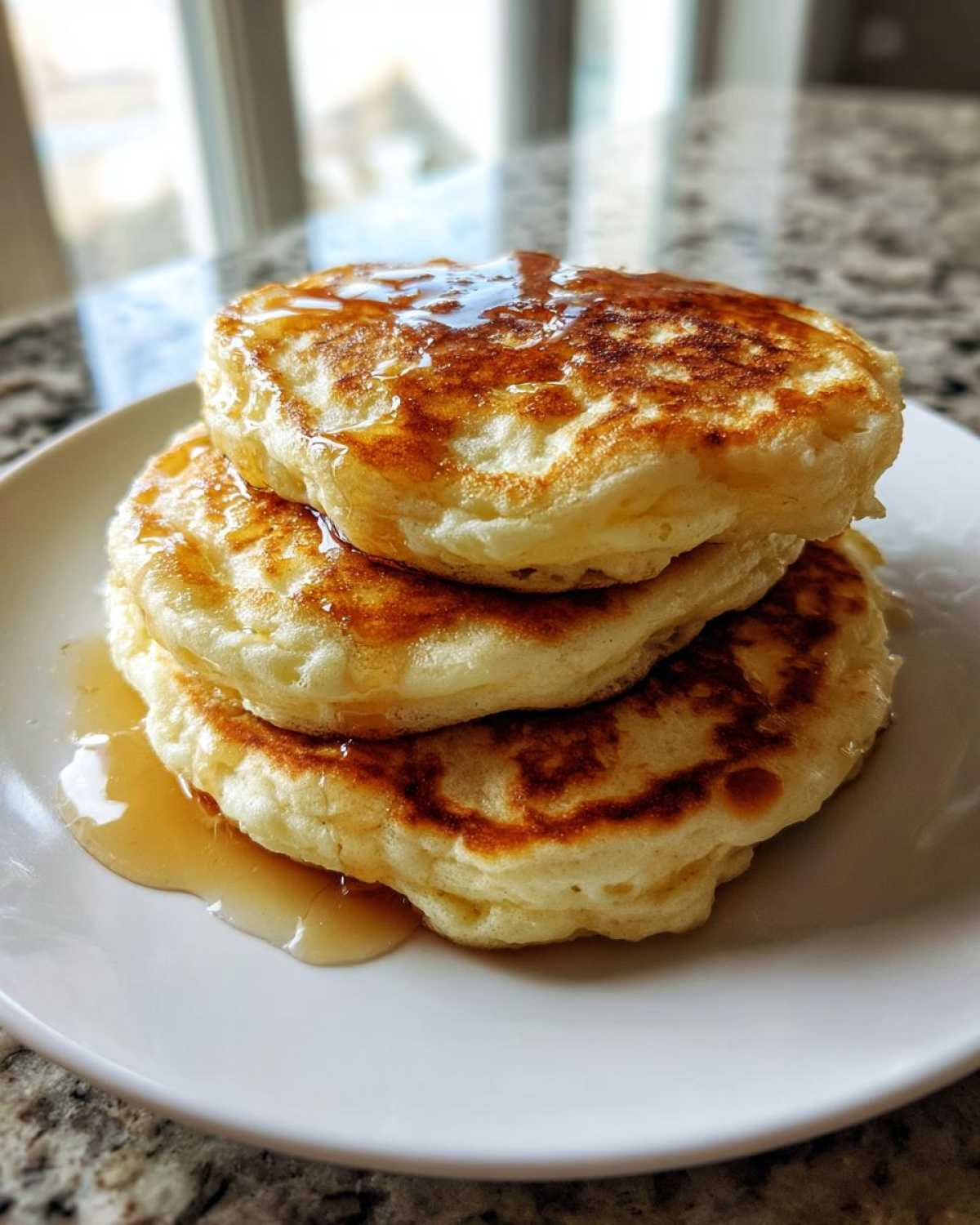 Close-up of a stack of three incredibly fluffy pancakes dripping with golden syrup.