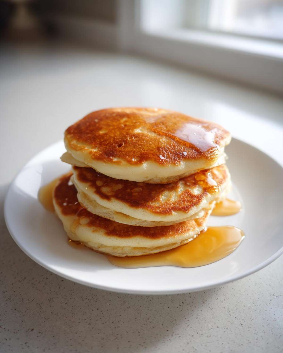A stack of three fluffy pancakes generously drizzled with maple syrup on a white plate.