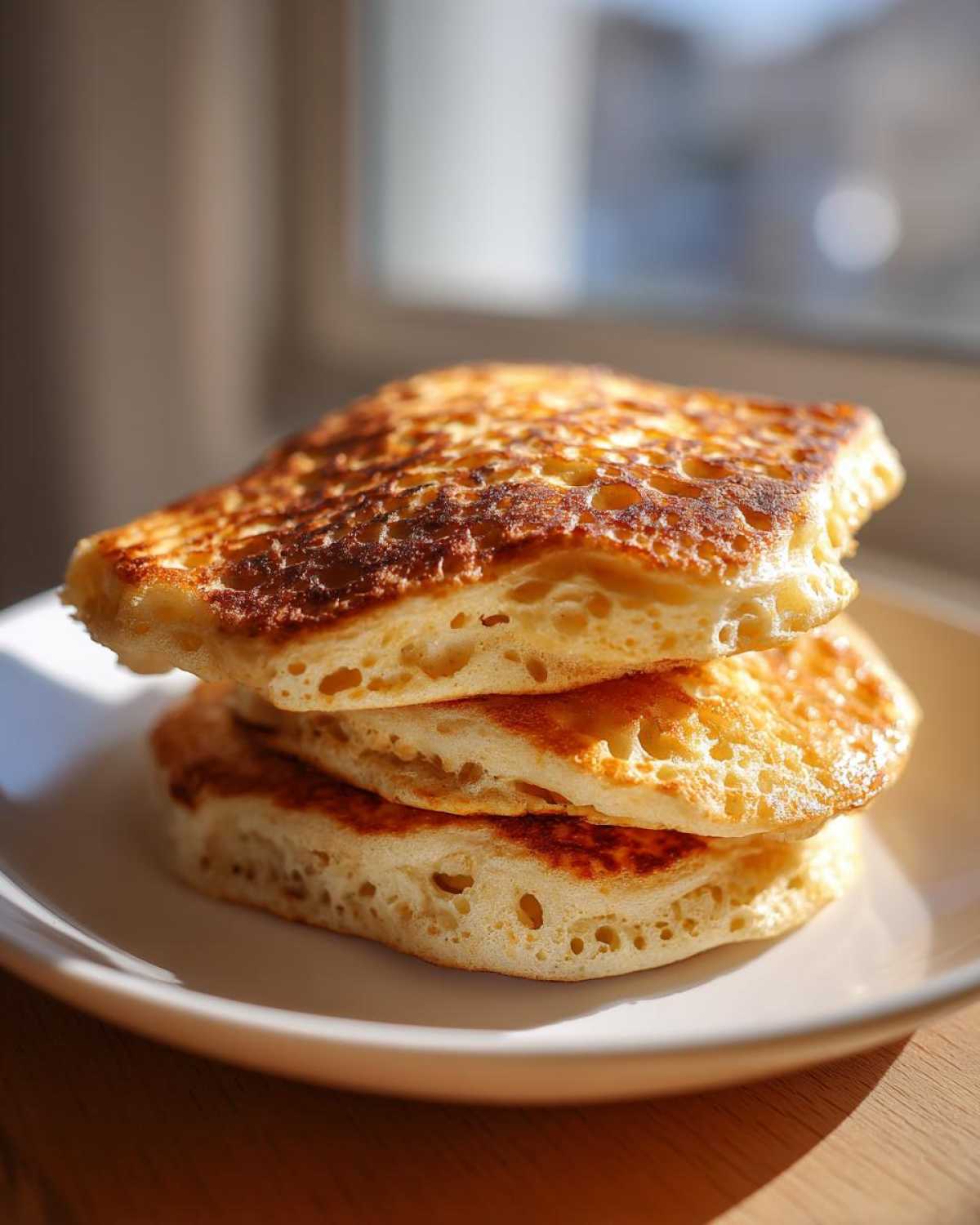 Close-up of a stack of three thick, fluffy sourdough pancakes with golden-brown, bubbly tops.