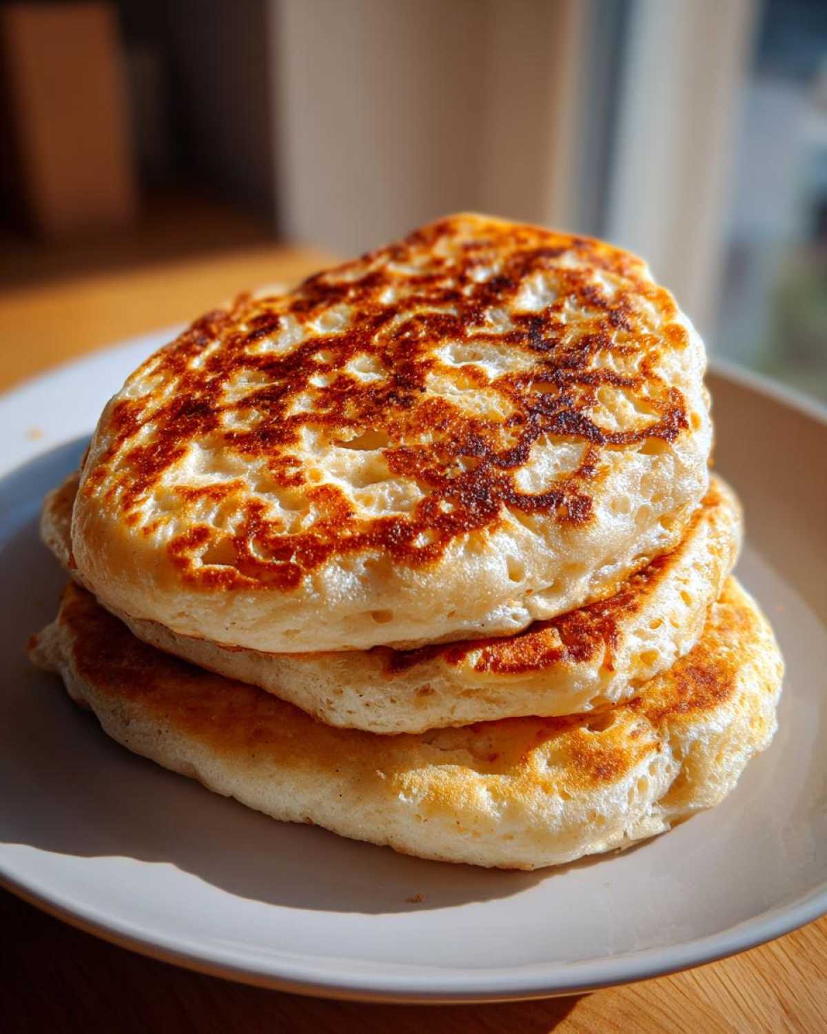A close-up stack of three golden-brown, fluffy sourdough pancakes ready to eat.