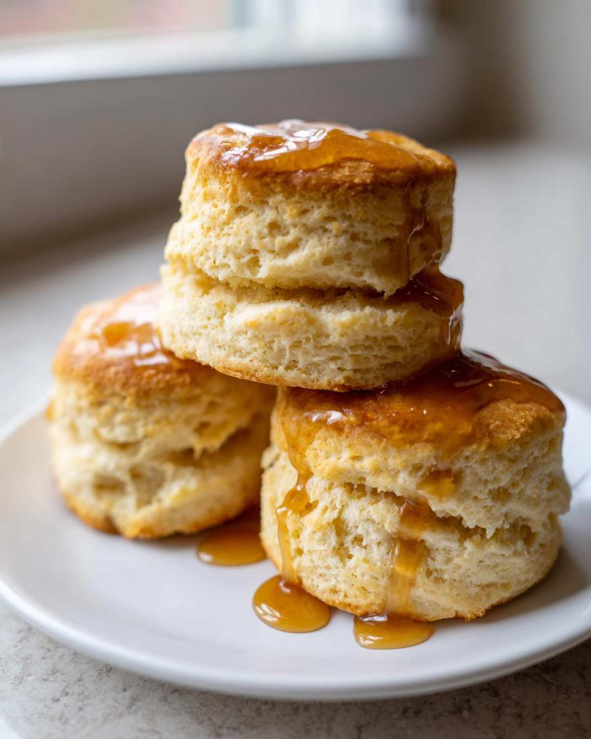 A stack of three fluffy sweet potato biscuits drizzled generously with a thick, golden glaze or syrup.