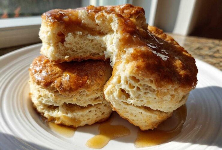 Close-up of fluffy sweet potato biscuits stacked on a white plate, drizzled with a shiny glaze or syrup.