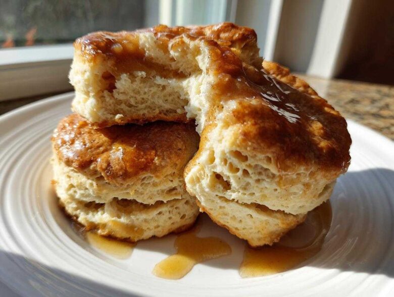 Close-up of fluffy sweet potato biscuits stacked on a white plate, drizzled with a shiny glaze or syrup.