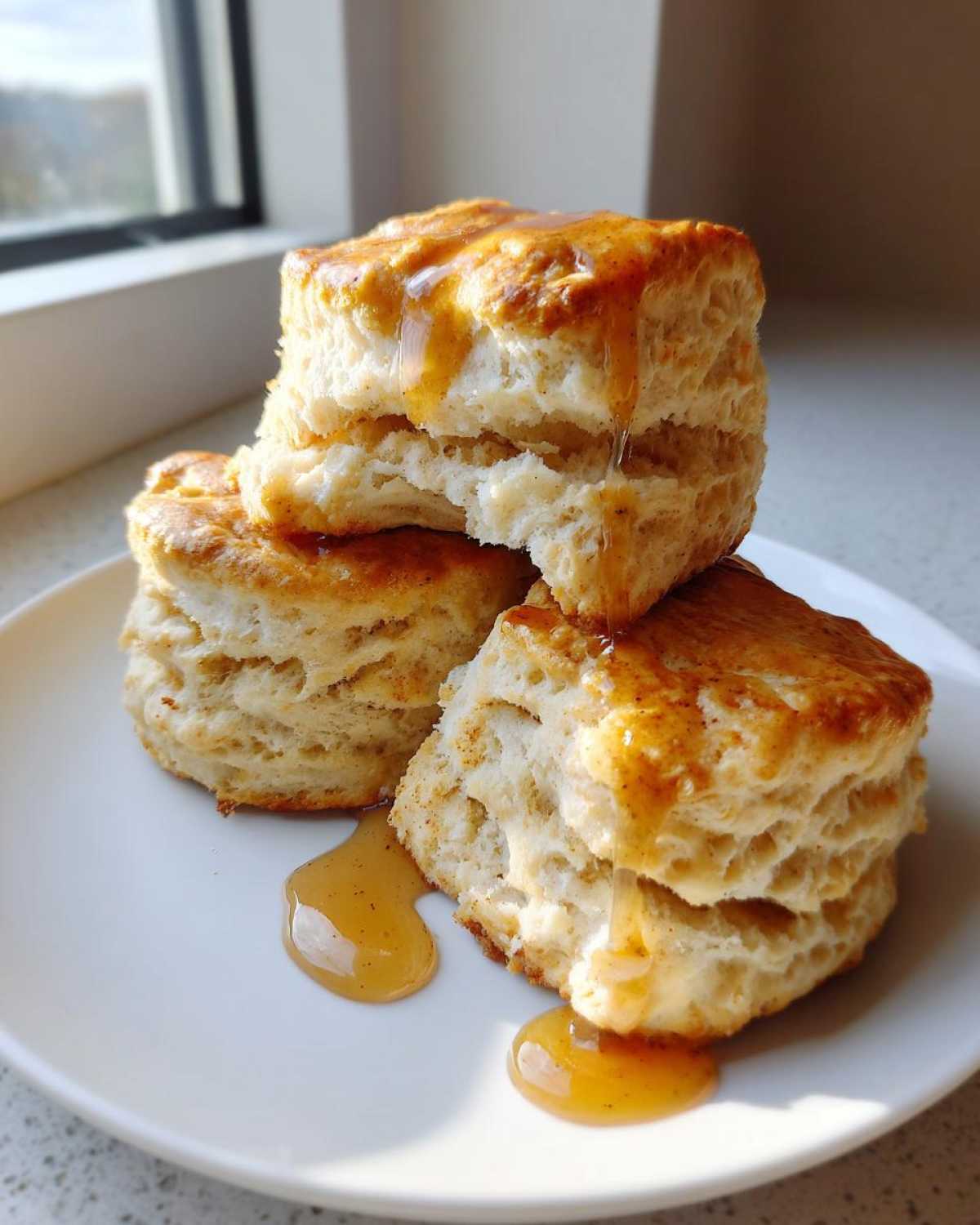 Three fluffy sweet potato biscuits stacked on a white plate, drizzled generously with golden honey.