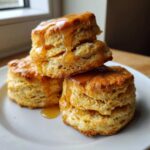 Three fluffy sweet potato biscuits stacked on a white plate, generously drizzled with golden honey.