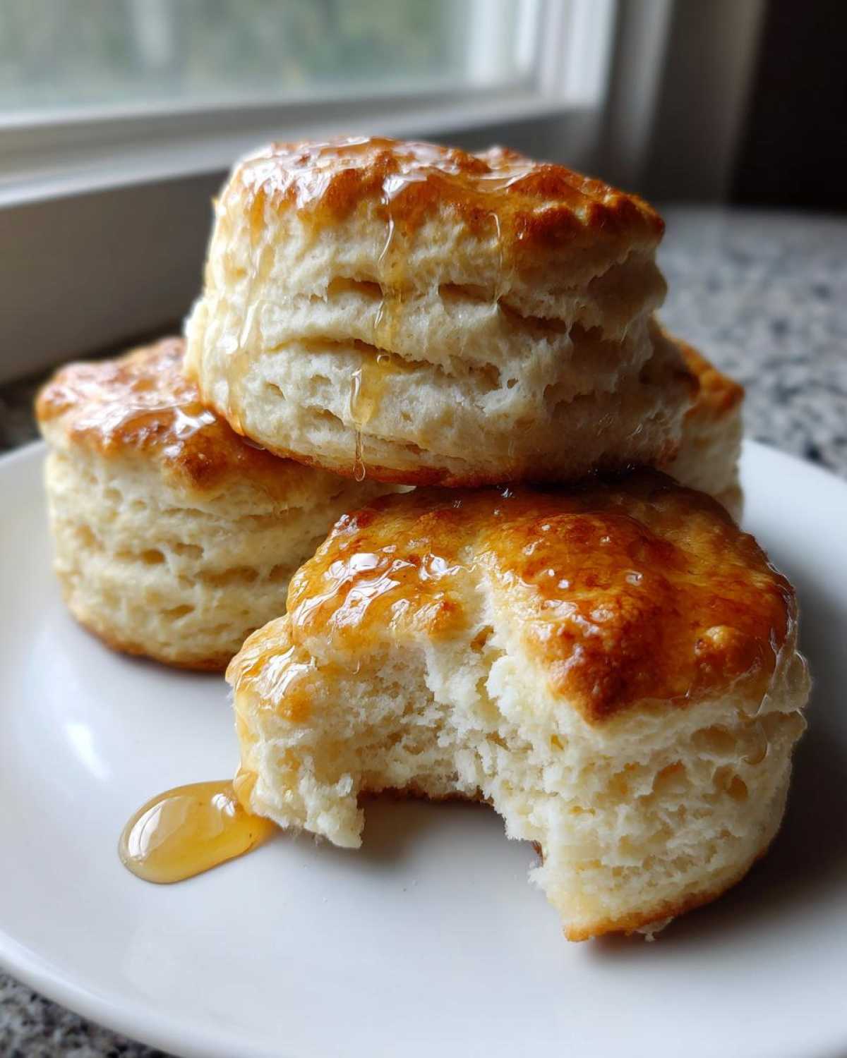 Close-up of fluffy sweet potato biscuits stacked on a plate, drizzled with honey, one has a bite taken out.