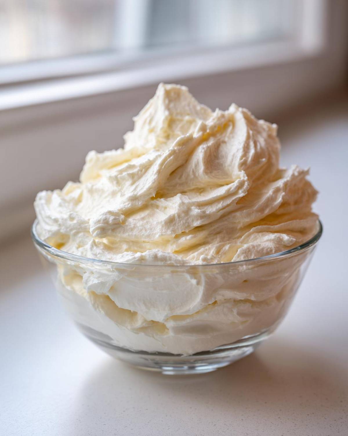 A generous swirl of fluffy, white vanilla buttercream frosting piled high in a clear glass bowl.