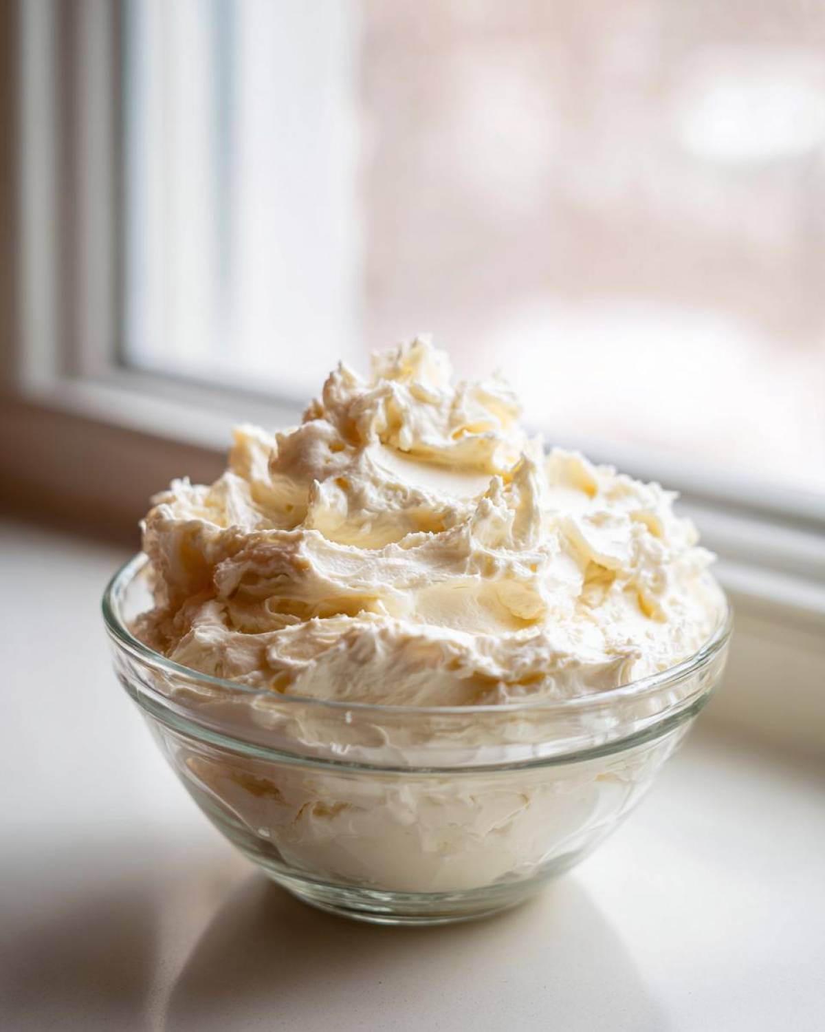 A clear glass bowl filled with freshly made, fluffy vanilla buttercream frosting, set near a bright window.