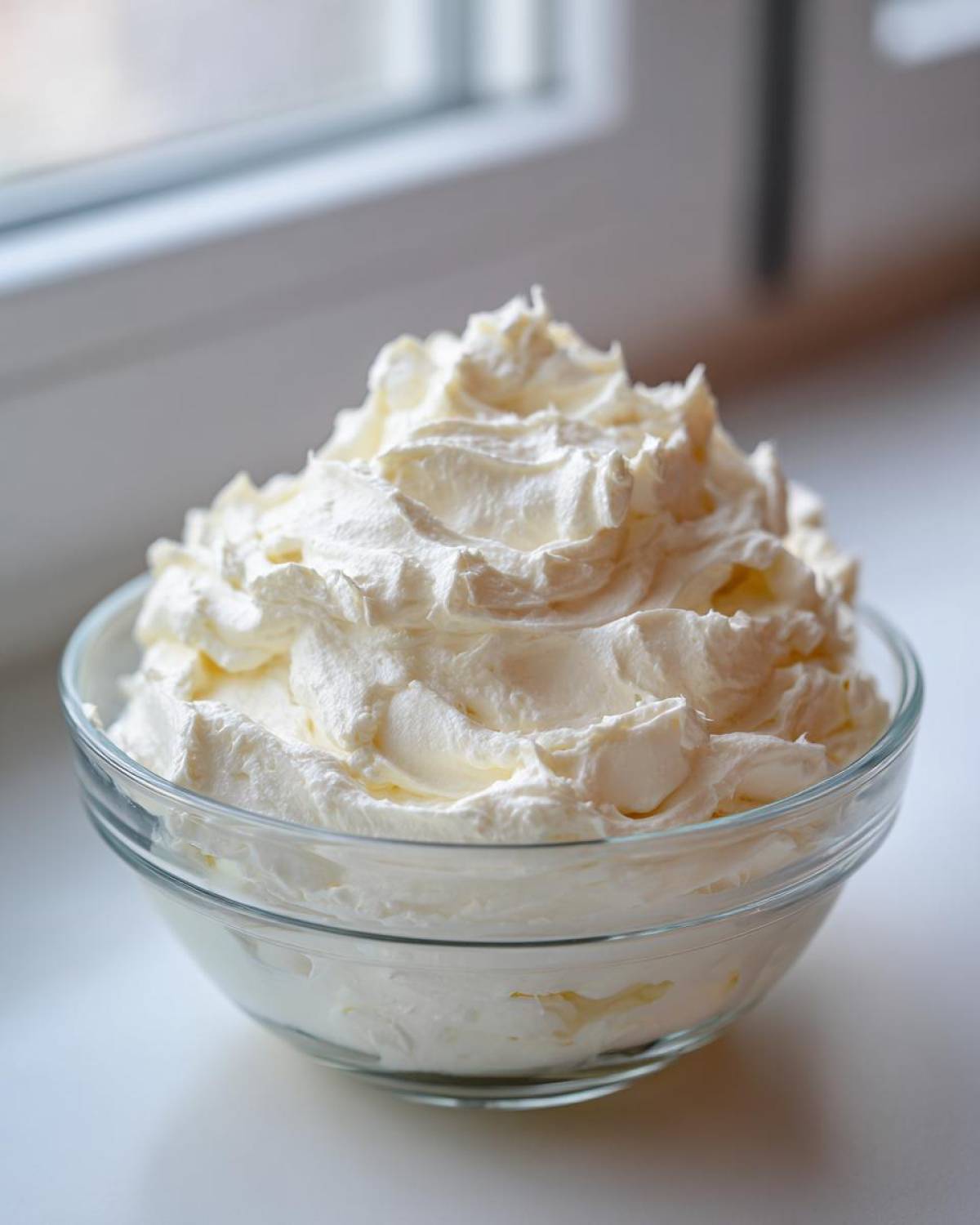 A generous serving of fluffy, white vanilla buttercream frosting mounded high in a clear glass bowl.