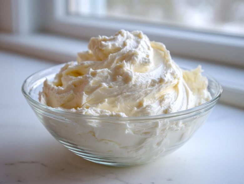 A clear glass bowl filled with perfectly swirled, creamy vanilla buttercream frosting, set near a bright window.
