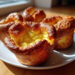 Close-up of four golden brown, fluffy yorkshire pudding items sitting on a white plate, catching bright sunlight.