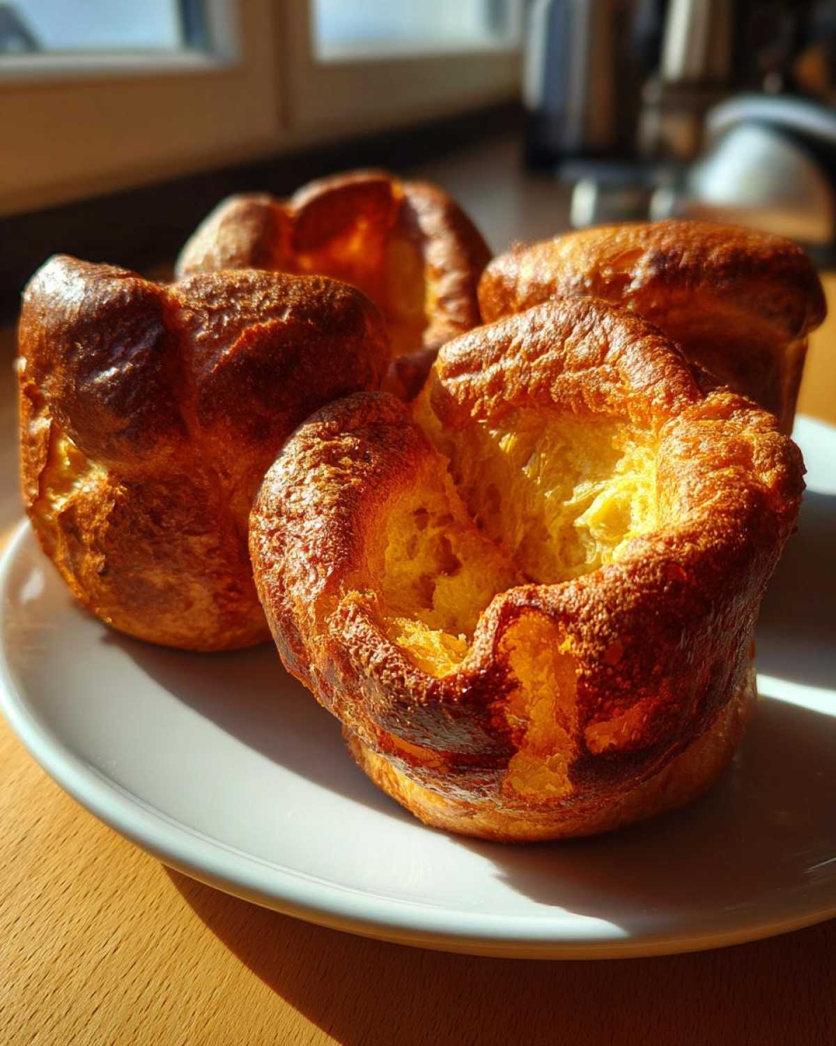 Four golden brown, fluffy yorkshire pudding specimens sitting on a white plate, showing their characteristic deep wells.