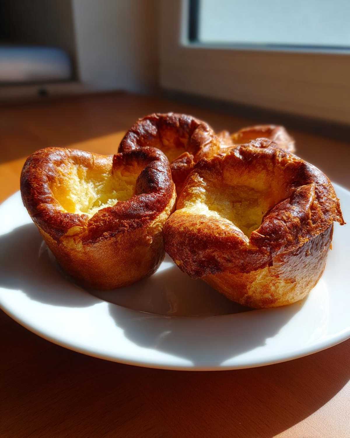 Three golden brown, freshly baked yorkshire pudding items sitting on a white plate, catching bright sunlight.