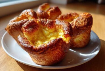 Close-up of four golden brown, fluffy yorkshire pudding items sitting on a white plate, catching bright sunlight.
