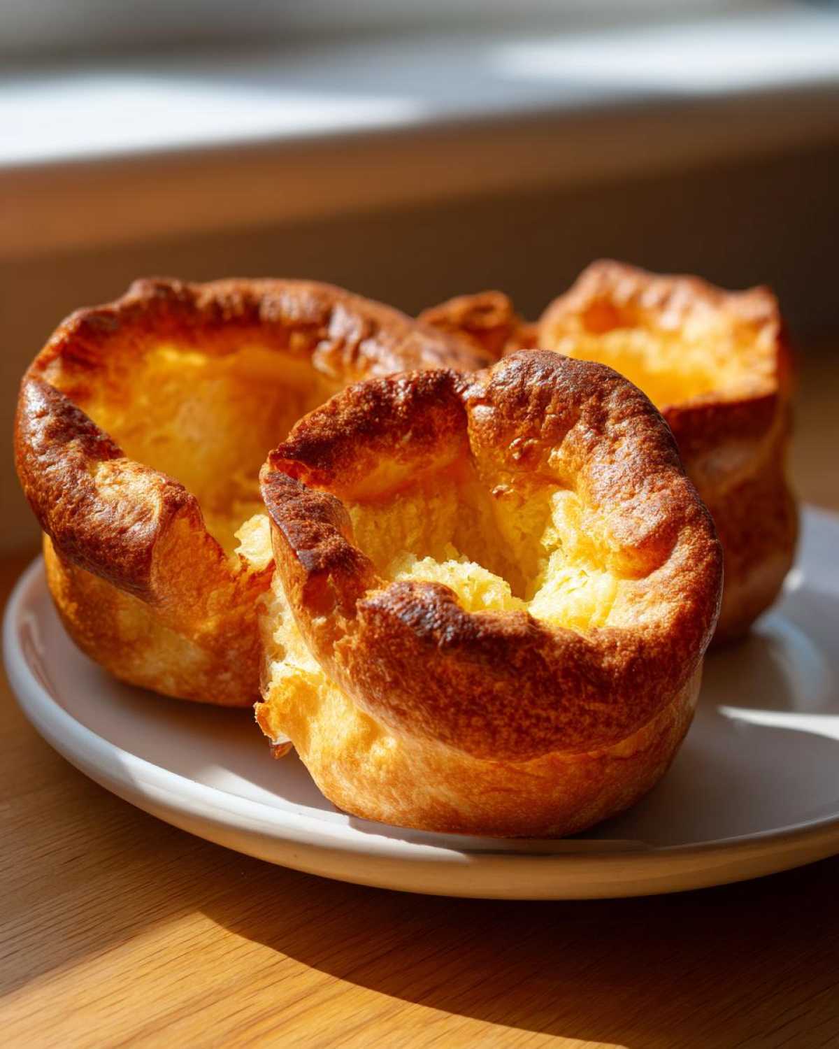 Three golden brown, fluffy yorkshire pudding pastries sitting on a white plate, catching sunlight.