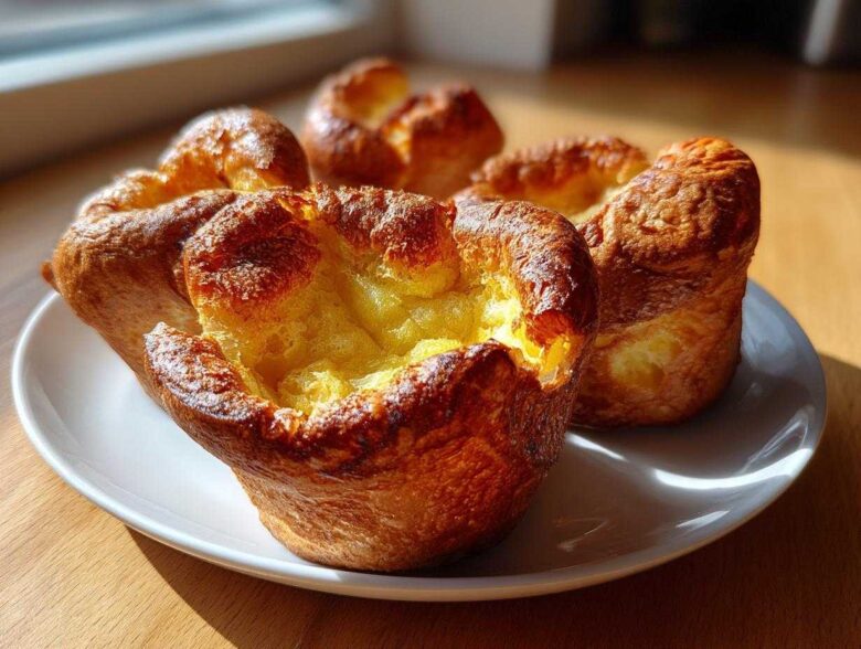 Close-up of four golden brown, fluffy yorkshire pudding items sitting on a white plate, catching bright sunlight.