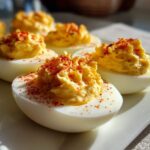 Close-up of creamy, piped deviled eggs sprinkled with paprika, ready to serve.