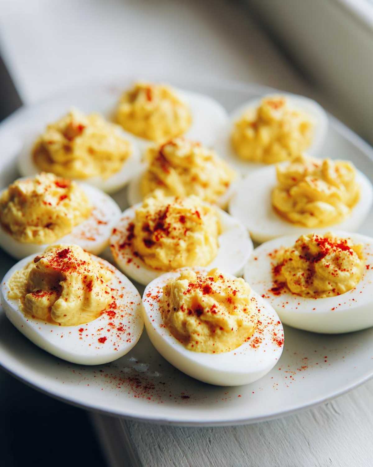 Close-up of several creamy deviled eggs garnished with a sprinkle of bright red paprika on a white plate.