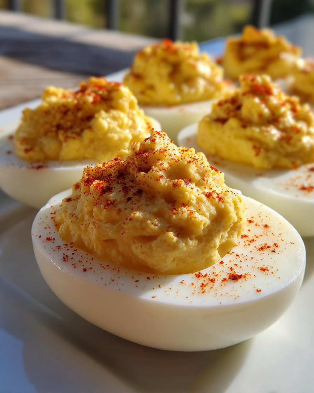 Close-up of creamy, piped deviled eggs sprinkled with paprika on a white plate.