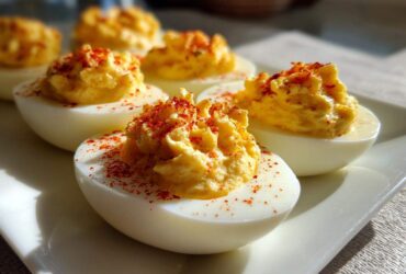 Close-up of creamy, piped deviled eggs sprinkled with paprika, ready to serve.