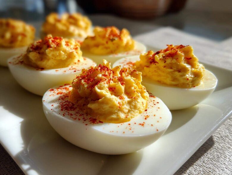 Close-up of creamy, piped deviled eggs sprinkled with paprika, ready to serve.