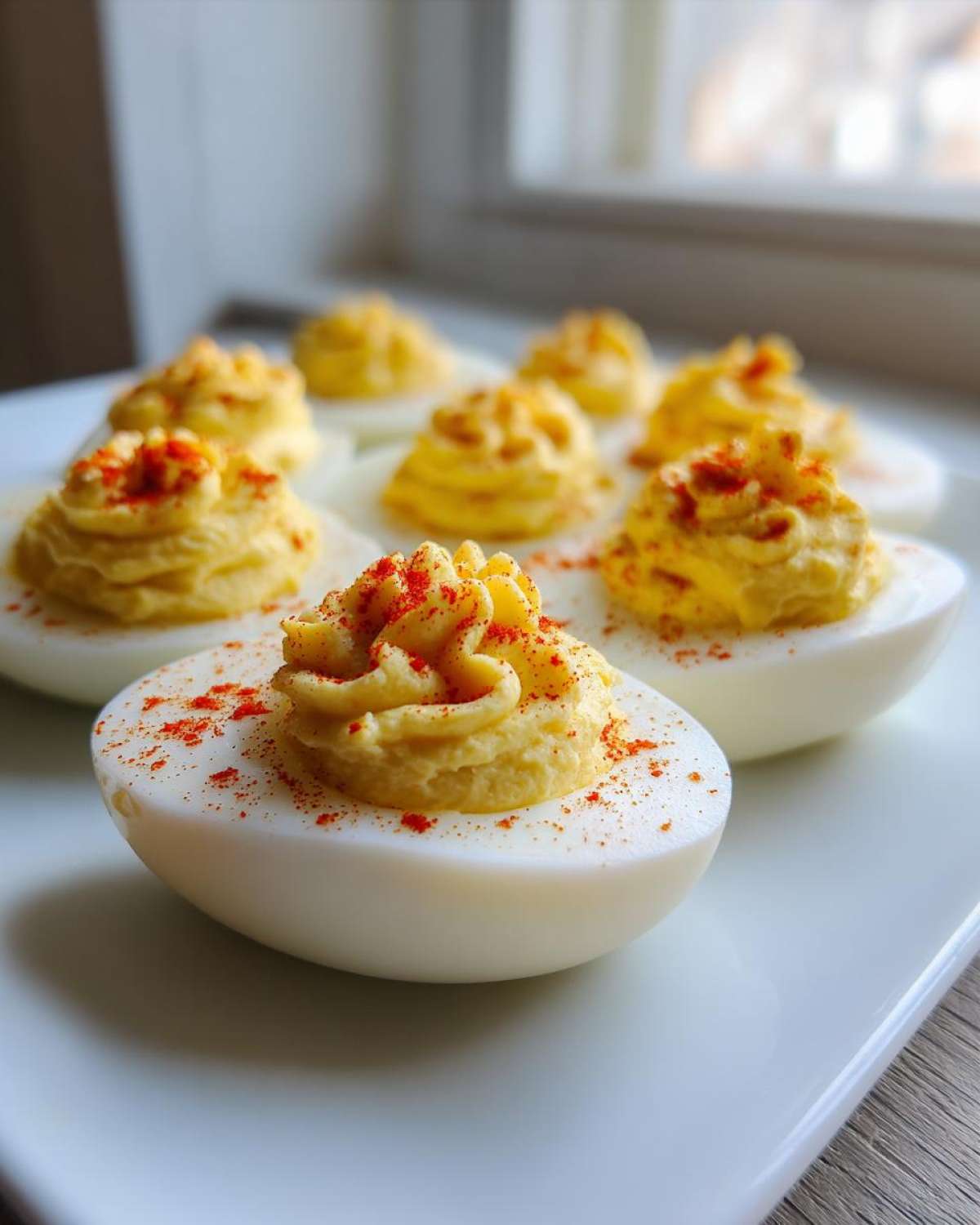 Close-up of creamy, piped deviled eggs sprinkled with paprika on a white platter.