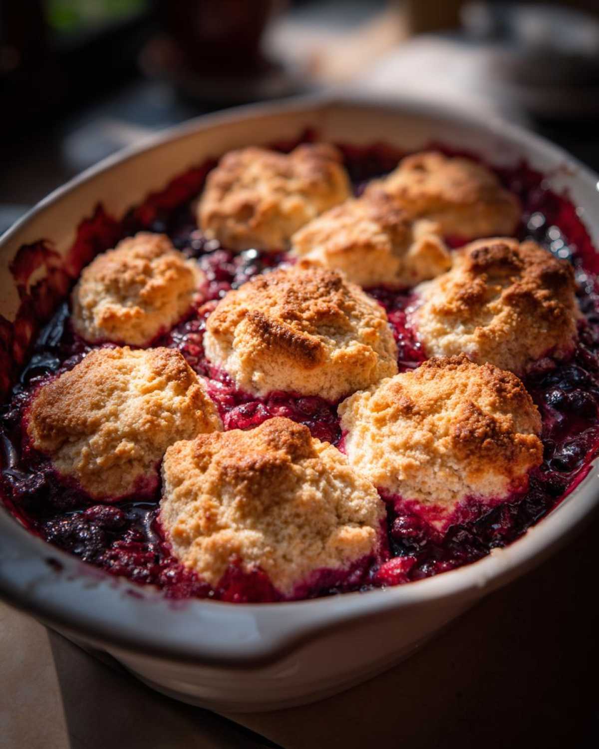 Close-up of a warm berry cobbler with golden biscuit topping bubbling in a white baking dish.