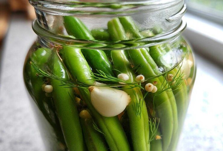 Close-up of fresh green beans packed tightly in a glass jar with dill, peppercorns, and garlic for making dilly beans.