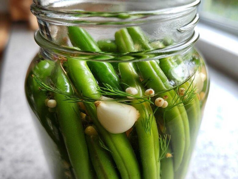 Close-up of fresh green beans packed tightly in a glass jar with dill, peppercorns, and garlic for making dilly beans.