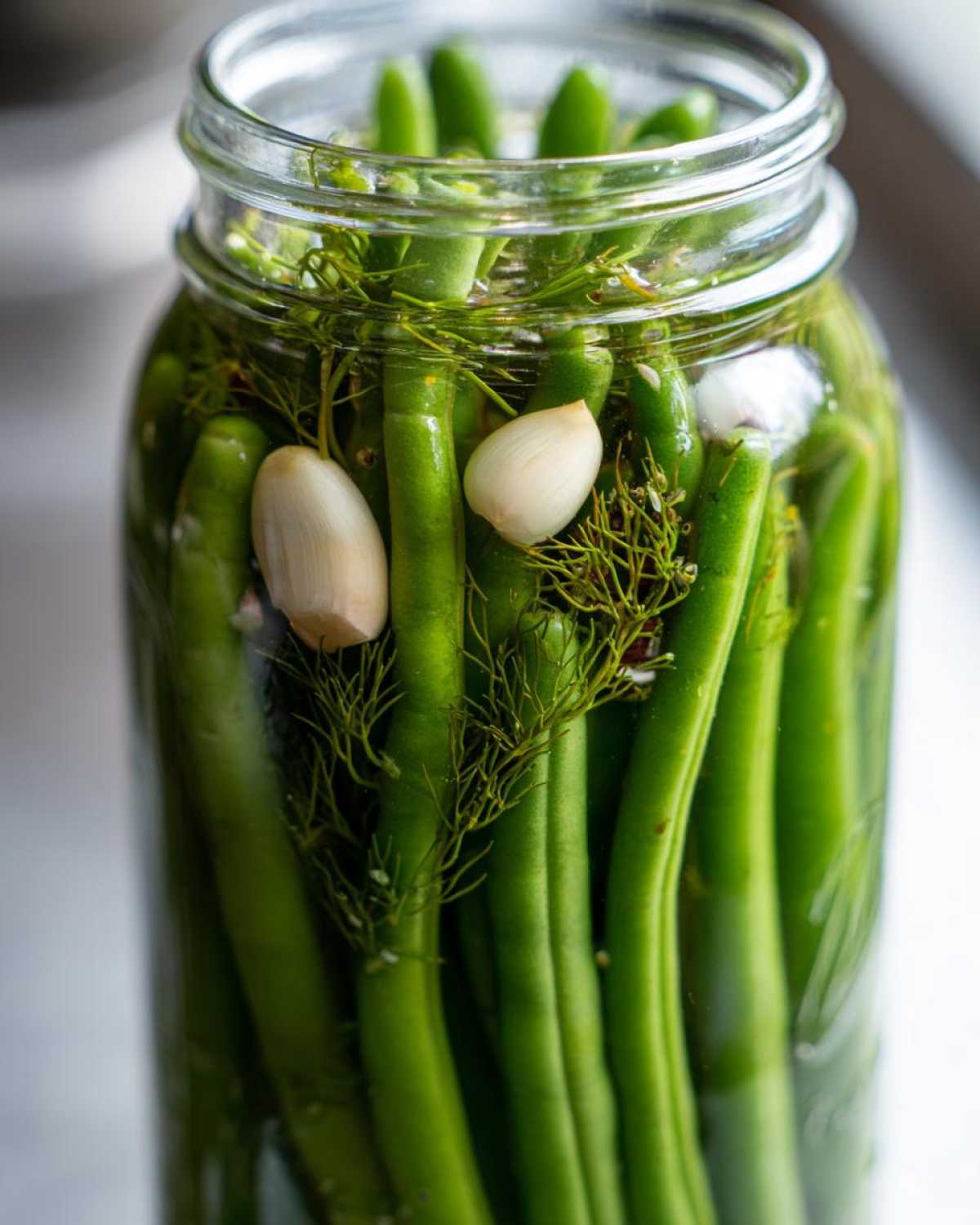Close-up of fresh green beans packed tightly in a glass jar with dill fronds and garlic cloves for making dilly beans.