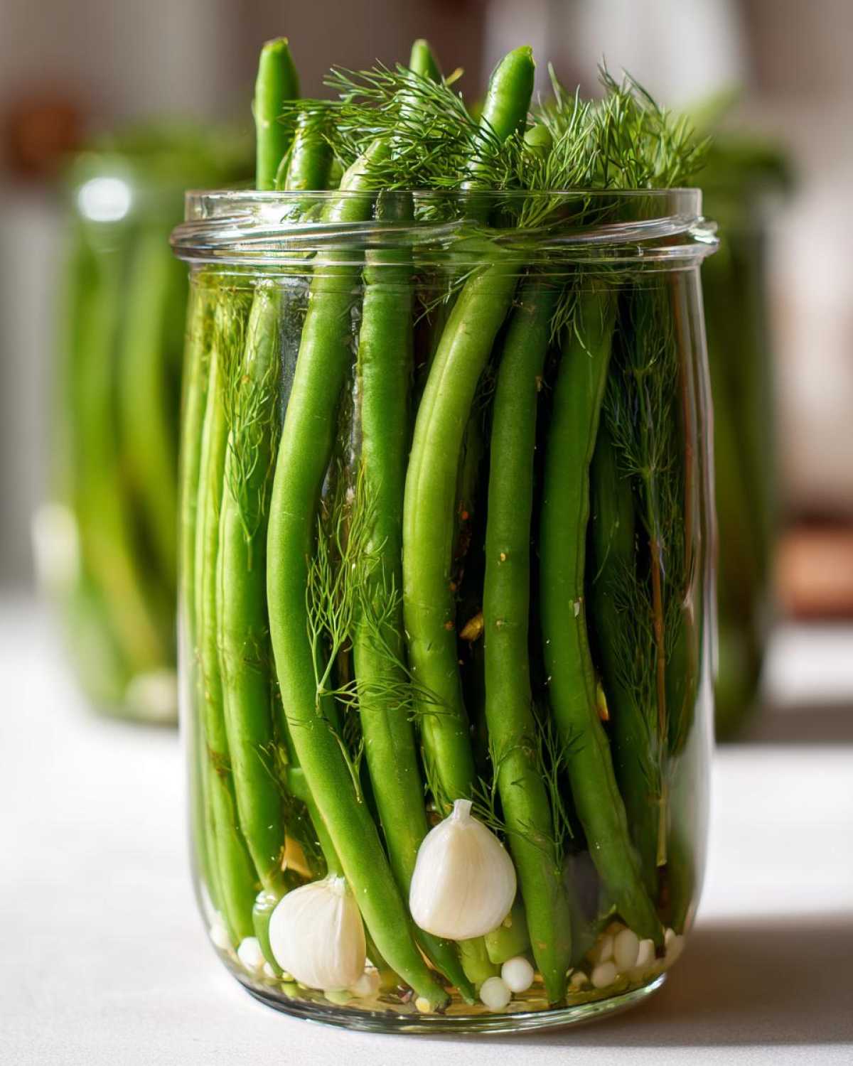 Close-up of fresh green beans packed vertically in a jar with dill sprigs and garlic cloves for making dilly beans.