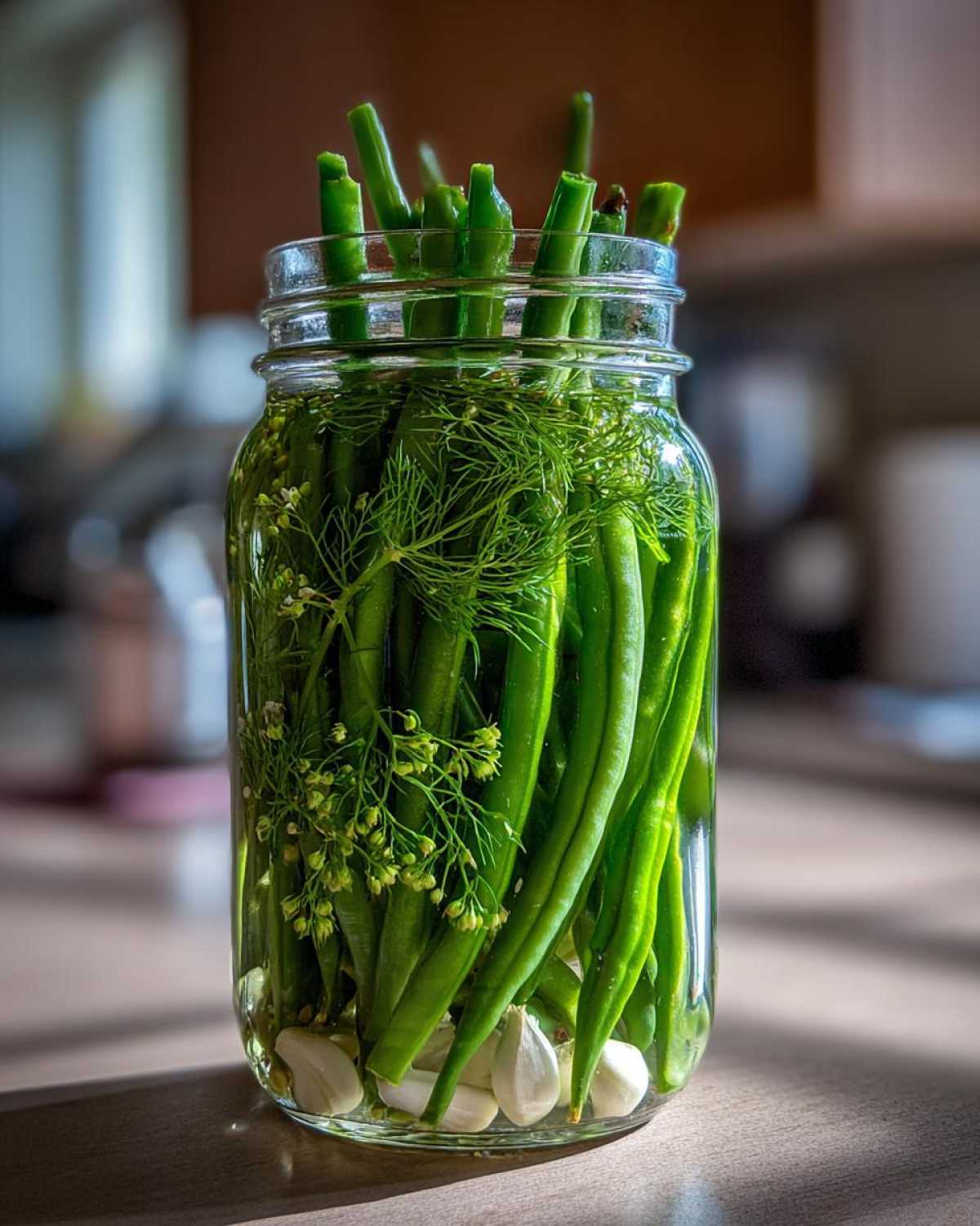 Fresh green beans packed tightly in a glass jar with dill fronds and garlic cloves for making dilly beans.