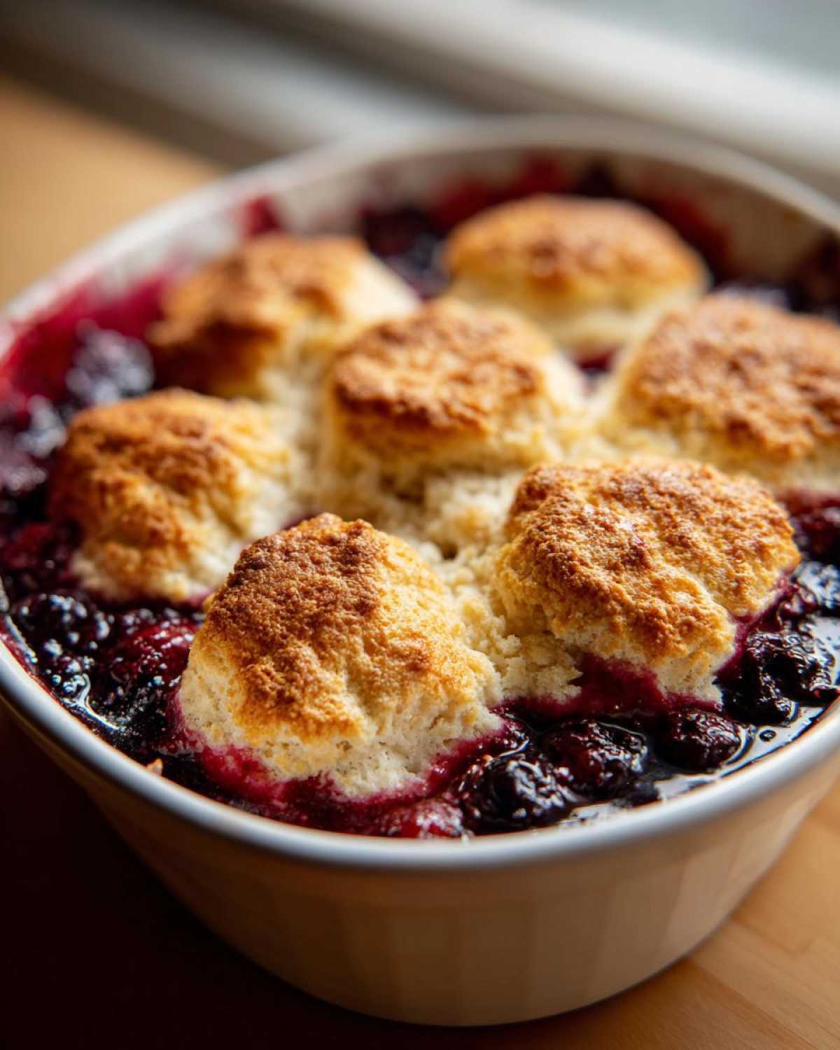 Close-up of a freshly baked berry cobbler with golden biscuit tops nestled in dark, bubbling fruit filling.