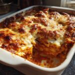Close-up of a freshly baked lazy lasagna in a white dish, featuring a bubbling, golden-brown cheese crust.