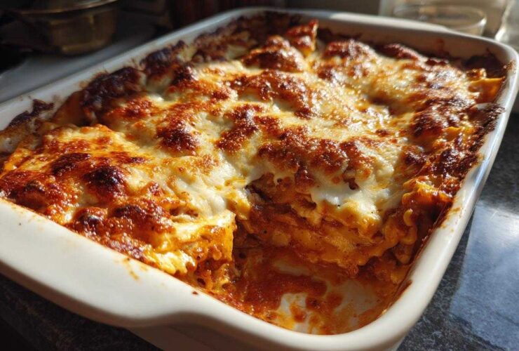 Close-up of a freshly baked lazy lasagna in a white dish, featuring a bubbling, golden-brown cheese crust.