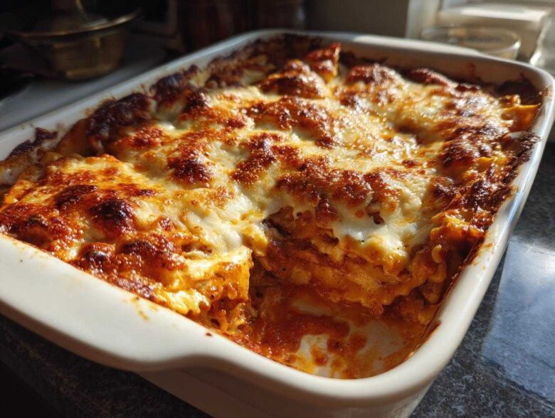 Close-up of a freshly baked lazy lasagna in a white dish, featuring a bubbling, golden-brown cheese crust.